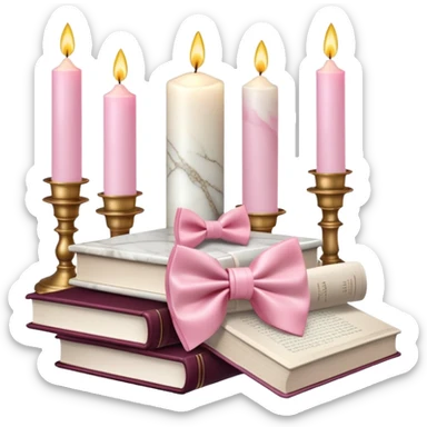 Aesthetic candles, flower petals, bow tie, books, marble stand sticker