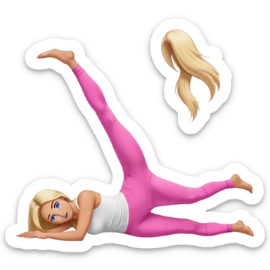 A cinematically realistic blonde with long hair and blue eyes, dressed in a white top and pink leggings, does a glute bridge exercise sticker