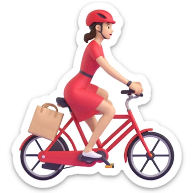 person in a bright red dress cycling quickly, holding a delivery bag, simple and bold sticker