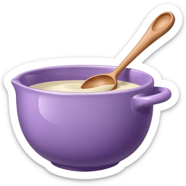 a lilac ceramic mixing bowl with a wooden spoon stirring sticker