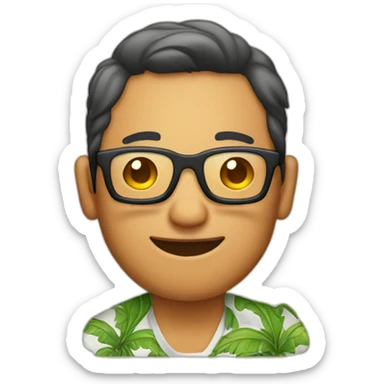 person wearing glasses alohashirt is holding beer sticker