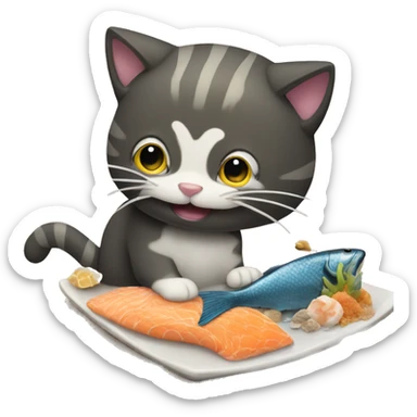 Cat eating fish on a beach near a wave  sticker