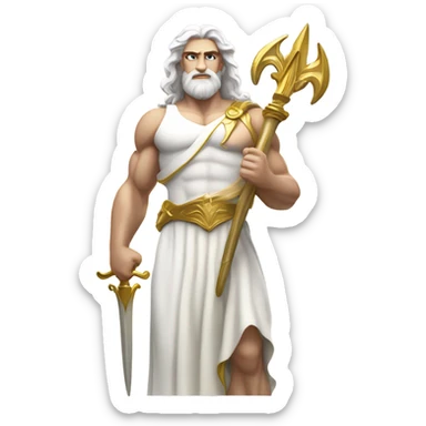white Poseidon with gold Trident. long hair white dress. show biceps sticker