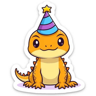 Grumpy unhappy bearded dragon with a birthday hat sticker