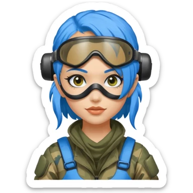 blue curly haired paintball playergirl with huge earrings, wearing paintball eye mask helmet sticker