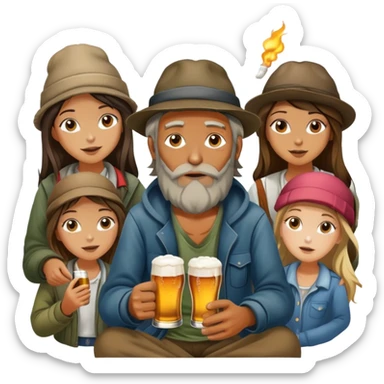 homeless man with a lot of girls a lot of beer and a joint sticker