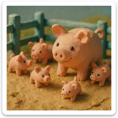 claymation style pig in a pig pen with several piglets, playful, pastel colors, visible fingerprints, textured look sticker