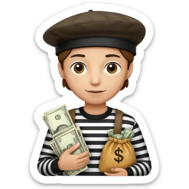 Crea un ladrón con camiseta a rallas blancas y negras con una boina y dos sacos de dinero en las manos sticker