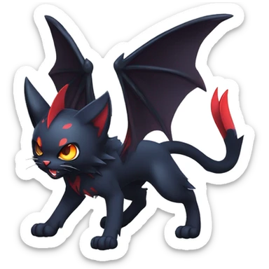  cool edgy beautiful fantasy anime-style dark animal vampiric Litten--cat-hybrid Fakemon with big fangs and bat-wing-ears full body sticker