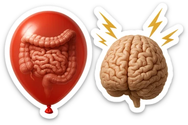 intestino umano anatomico chiuso in un palloncino rosso che simboleggia gonfiore, accanto un cervello anatomico con fulmini vicino che simboleggiano "stress", iperrealistico 4k sticker