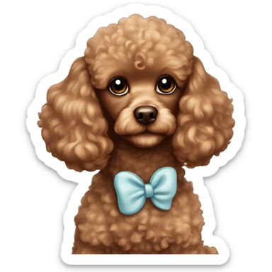brown toy poodle with a bow on her right ear and named maya that has a white mark on her neck sticker