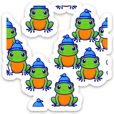 a family of frogs wearing blue hats, parent frogs and baby frogs all together sticker