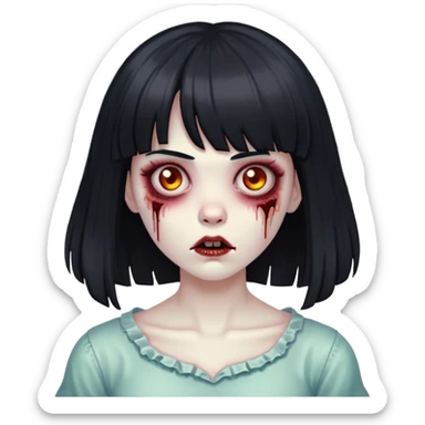 Zombie girl with big black hair and a bangs sticker