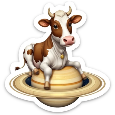 A cow with its head attached to planet Saturn as its body, with Saturn's rings around the middle, and giant realistic human feet at the bottom sticker