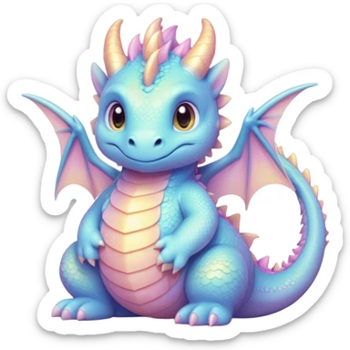 Cinematic fluffy pastel dragon, tiny round wings, chubby feet, sparkling gentle eyes, delicate glowing scales, soft colors blending magically, enchanting and whimsical. sticker
