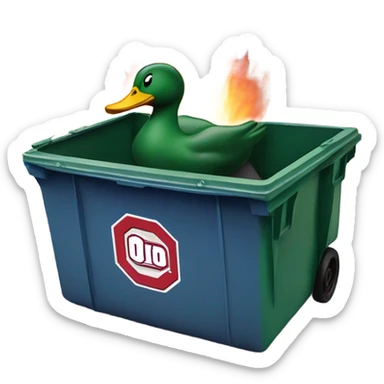 oregon duck in a dumpster fire with the ohio state university logo on the dumpster sticker