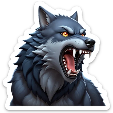 cinematic-noble-fierce-werewolf-howling-portrait-emoji, poised-and-imposing, with a fierce wolfish face tilted upwards in a haunting howl, glowing eyes full of primal ferocity, sharp, and a rugged snout, fur rippling in shades of midnight black and silver, muscles tensed as the powerful howl echoes beneath the moonlit sky; rendered with realism, capturing the raw, untamed power of the beast in its wild, primal state sticker