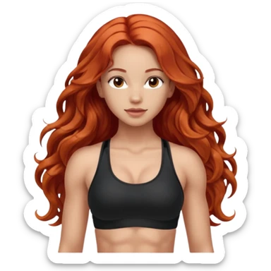 Athletic girl with long light red wavy hair and smaller boobs bigger arms. middle part and black sports bra, long hair sticker