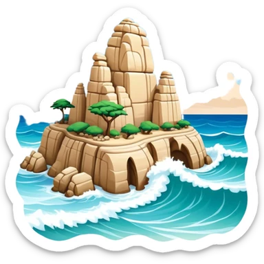 Cinematic Realistic Raouche Rocks, Beirut Landmark Emoji, depicting the majestic limestone rock formations rising from the Mediterranean Sea, with waves crashing against their bases under a vibrant sky. sticker