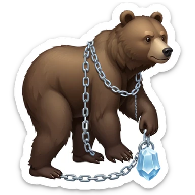 Very dark brown bear in full body view on all four legs, highly realistic fur texture, serious expression, full-length view with ice chain around neck sticker
