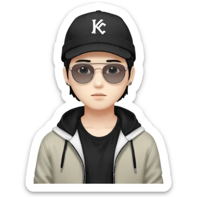 Portrait of a male K-pop idol, white skin, wearing a stylish streetwear outfit with layered clothing, makeup, wearing a black cap, sunglasses sticker
