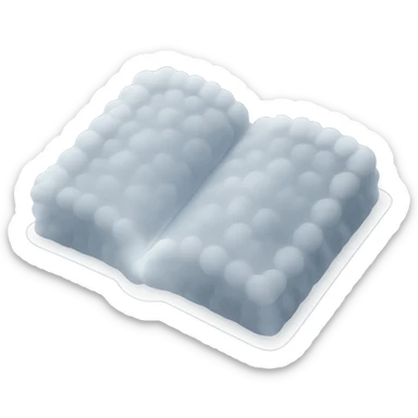top view of a thick open book made entirely of small, very bright white fluffy convex clouds, matte glass style sticker