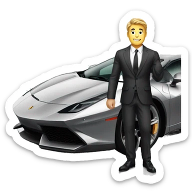 muscled rich man in a suit near a supercar sticker