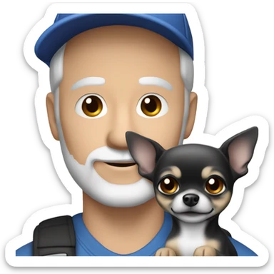 blue eyed man, with grey hair,  and grey goatee beard, wearing ball cap, holding ‘a black long hair chihuahua’ sticker