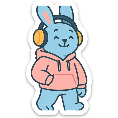 blue bunny in hoodie, one paw in pocket, headphones on, pastel-toon style sticker