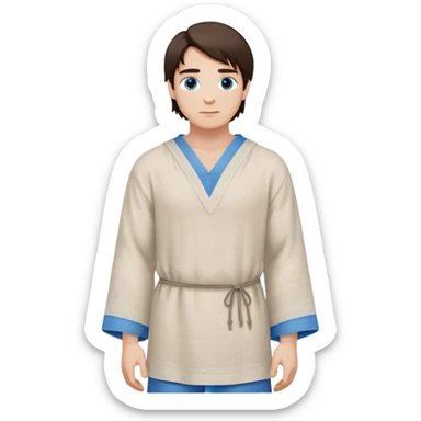 medieval spring outfit worn by a DnD themed fantasy male character. simple linen tunic with a drawstring neckline, paired with a lightweight wool shoulder wrap for mild breezes. clothes only above the waist. The clothes full waist. The character's haven't arms. character is white-skinned, dark brown hair, blue eyes, medium-length straight hair. sticker