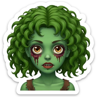 Faça uma garota zombie de cabelo cacheado castanho, olhos castanhos escuro e pele verde d zombie, com o cabelo grande sticker