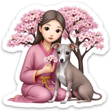 A young Chinese girl and a grey Italian Greyhound sitting under a cherry blossom tree sticker