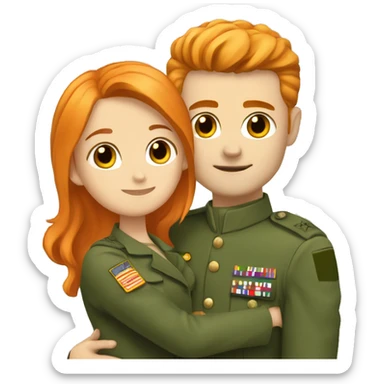 a orange hair girl hugs, a dark haired white man in a green military uniform sticker