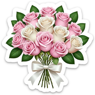 bouquet of pink and white roses and white satin bow sticker