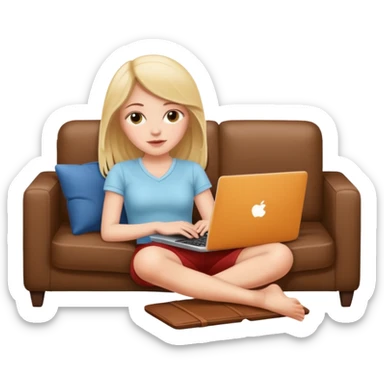 A white girl is lying on a sofa with a laptop sticker