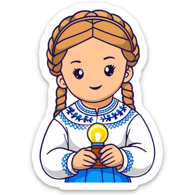 Young Ukrainian girl with braided hair in white traditional embroidered Ukrainian vyshyvanka shirt holding a small glowing light representing the soul sticker