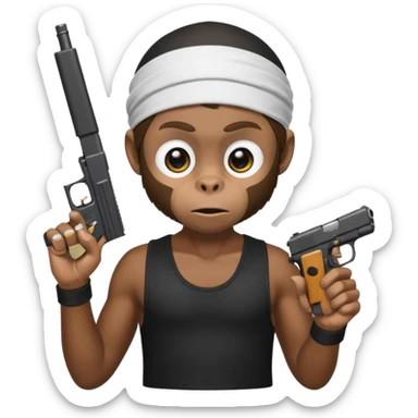 Monkey wearing a black dorag and a white tank top holding a Glock postol sticker