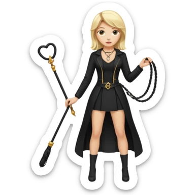 Dominatrix with blonde hair, black outfit, long key necklace, and a whip sticker