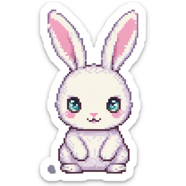 pixel art of a white bunny facing forward, sitting on a grassy field, large eyes, pink nose, round body, soft and gentle look, simple flat colors, only grass as background sticker