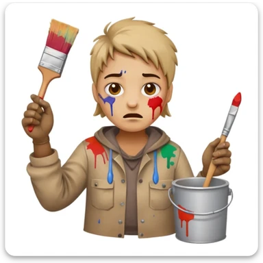 frustrated amateur painter emoji wearing dirty oversized clothes with paint stains, no protective gear, holding a broken brush, paint splatters on face and hands, messy room sticker