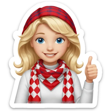 Blonde Girl Model, Blue Eyes, wavy hair, smiling, thumbs up, wearing red Checkered Triangle scarf, white dress sticker
