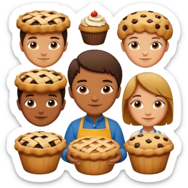 Baking community humanless avatar in vibrant style illustration. Pie, cookie, and muffin warm golden tones, simple shapes, flat design, high contrast. sticker