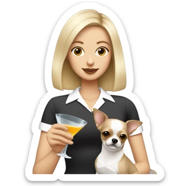 White girl with blonde and brown bob holding Grey long haired chihuahua drinking a martini sticker
