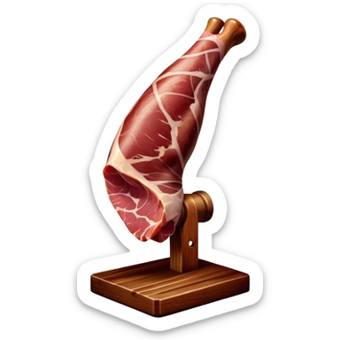 ​Cinematic Realistic Spanish Jamón Leg, depicted as a massive, cured leg of Jamón serrano (ham) with a deep reddish-brown hue, intricately marbled and slightly glossy with age, elegantly displayed on a rustic wooden stand and bathed in warm, soft lighting that accentuates its artisanal heritage, sticker