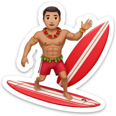 Dark-haired tan muscular 50 year old man with red shorts and shell lei surfing sticker
