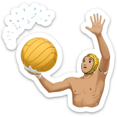 An icon showing a close-up of a yellow water polo ball, splashing water, and a player’s hand reaching to throw. Behind, a goal frame and rippling pool surface. Transparent background highlights the intensity, agility, and energy of water polo as a competitive sport. sticker