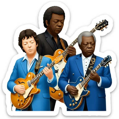 Icon for Blues Music: close-up collage of legendary blues artists. Gary Moore, Eric Clapton, B.B. King and Joe Cocker. Represented by silhouettes or symbolic items like guitars, microphones, or music notes, reflecting the soulful energy of blues music. Transparent background. sticker