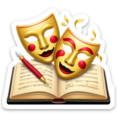 Create a bold and dramatic emoji representing the art of playwriting. The design should feature an open script or a theater playbook, with stylized text inside. Include elements like a theatrical comedy and tragedy masks, a stage spotlight, or a writting quill to symbolize creativity and performance. Use deep, contrasting colors like red, black, and gold to evoke the intensity and passion of drama. The overall design should feel dramatic, inspiring, and artistic. Make the background transparent. sticker