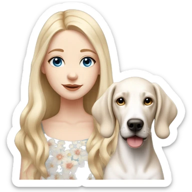 pale skin girl with blue eyes with long blonde hair that has a flower in her hair  holding a English pointer mixed with a lab dog the dog also has a flower in its hair sticker
