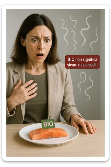 Donna tra i 30 e i 40 anni, seduta a tavola con espressione sorpresa e preoccupata mentre guarda un piatto elegante di salmone crudo etichettato 'BIO'. In trasparenza sopra il salmone si vedono parassiti intestinali stilizzati, come larve o vermi sottili, fluttuanti nell’aria. Accanto al piatto, una scritta fluttuante in stile etichetta rossa avverte: 'BIO non significa sicuro da parassiti'. Atmosfera visivamente pulita ma con tensione sottile, colori realistici con accento sul contrasto tra immagine 'salutare' e minaccia invisibile sticker